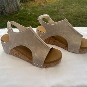 Corkys Womens Carley Taupe Wedge Sandal